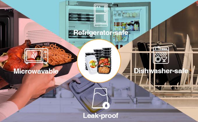 Meal Prep Containers Reusable, 2 Compartment Food Containers With Lids To Go Containers, Black Plastic Containers 2