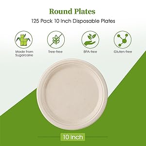 100% Compostable 10 Inch Paper Plates, Heavy Duty Paper Plates, Disposable Biodegradable Eco-Friendly Sugarcane 0