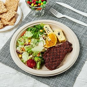 100% Compostable 10 Inch Paper Plates, Heavy Duty Paper Plates, Disposable Biodegradable Eco-Friendly Sugarcane 3