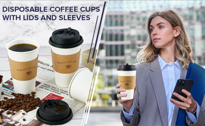 Paper Coffee Cups 16 Oz, Disposable Coffee Cups With Lids And Kraft Sleeves, White Coffee Cups For Hot & Cold Drinks 0