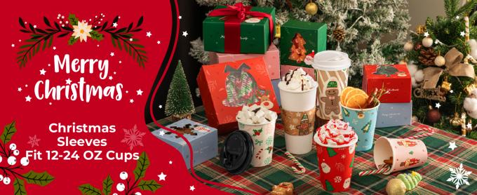 Christmas Paper Coffee Cup Sleeves, Disposable Corrugated Cardboard Paper Jacket Fit 12oz, 16oz, 20oz, 24oz 0