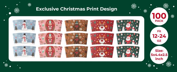 Christmas Paper Coffee Cup Sleeves, Disposable Corrugated Cardboard Paper Jacket Fit 12oz, 16oz, 20oz, 24oz 1