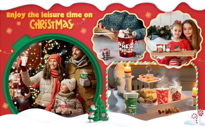 Christmas Paper Coffee Cups With Sleeves Lids 12 Oz Xmas Disposable Party Cup Christmas Tree Hot Cocoa Cups 4