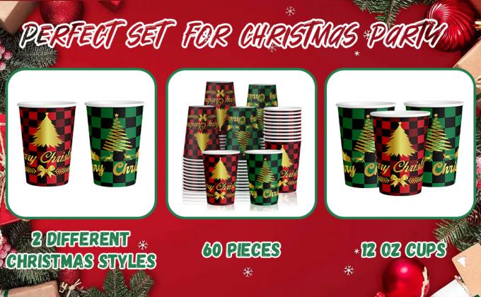 12 Oz Christmas Paper Cups Disposable Coffee Cups, Red Green Coffee Cup Christmas Holiday Party Supplies 2