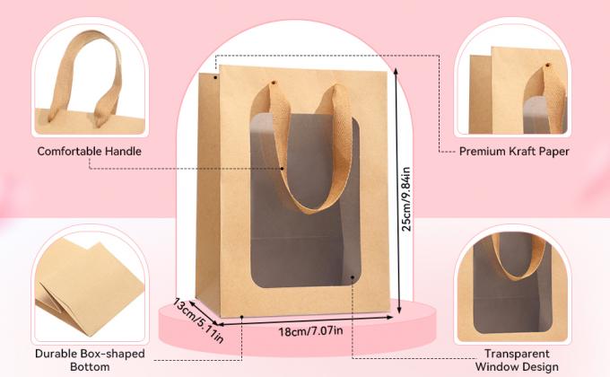 Kraft Shopping Bags With Handles For Present, Festivals Party Gift Bags With Transparent Window 0