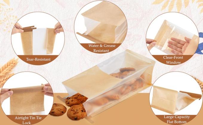 Bakery Bags With Window, Resealable Tin Tie Tab Lock Bread Storage Bags, Front Snack Bags For Packaging Cookies 0