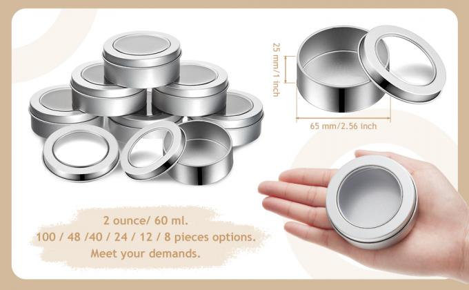 2 Ounce Metal Tin Cans Round Empty Container Salve Tins With Clear Screw Lid For Kitchen, Office, Candles, Candies 0