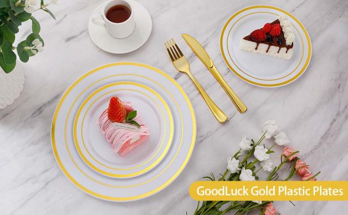 Gold Disposable Plates For 100 Guests, Plastic Plates For Party, Dinnerware Set Of Dinner Plates, Salad Plates 0