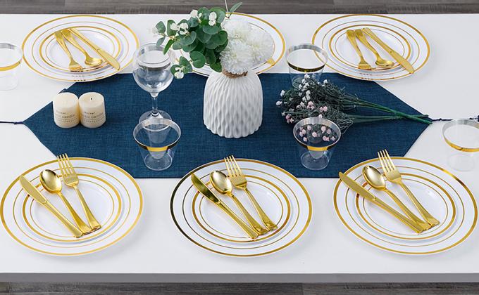 Gold Disposable Plates For 100 Guests, Plastic Plates For Party, Dinnerware Set Of Dinner Plates, Salad Plates 3