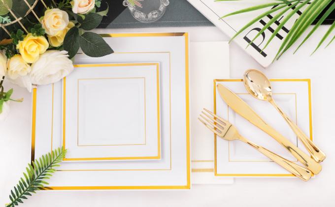 Gold Plastic Plates - Disposable Square Gold Plates Include Dinner Plates Dessert Plates Cups Plastic Cutlery 0