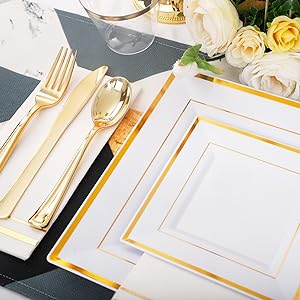 Gold Plastic Plates - Disposable Square Gold Plates Include Dinner Plates Dessert Plates Cups Plastic Cutlery 1