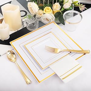 Gold Plastic Plates - Disposable Square Gold Plates Include Dinner Plates Dessert Plates Cups Plastic Cutlery 2