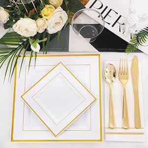 Gold Plastic Plates - Disposable Square Gold Plates Include Dinner Plates Dessert Plates Cups Plastic Cutlery 3