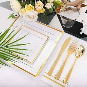 Gold Plastic Plates - Disposable Square Gold Plates Include Dinner Plates Dessert Plates Cups Plastic Cutlery 4
