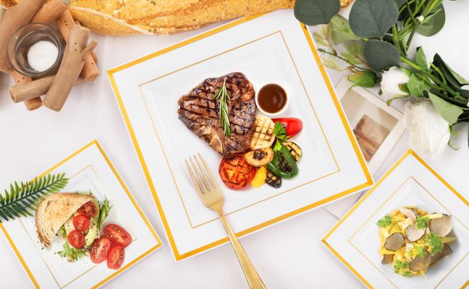 Gold Plastic Plates - Disposable Square Gold Plates Include Dinner Plates Dessert Plates Cups Plastic Cutlery 5