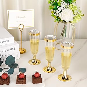 Gold Rim Plastic Champagne Glasses Perfect For Wedding, Thanksgiving Day, Christmas Champagne Flutes Disposable 8