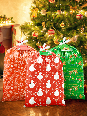 Large Christmas Gift Bags Oversized Christmas Bags 44"X36" Large Size Plastic Gift Bags With Tag & Tie, Jumbo Large 3