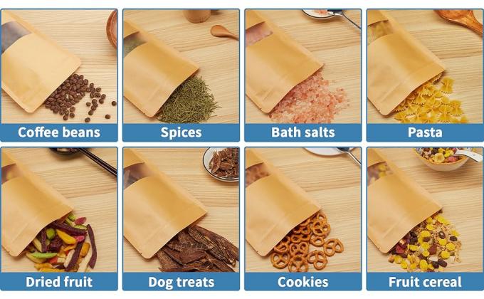 Stand Up Kraft Paper Bags With Matte Window, Zip Lock Food Storage Bags For Packaging Products, Reusable, Sealable 1