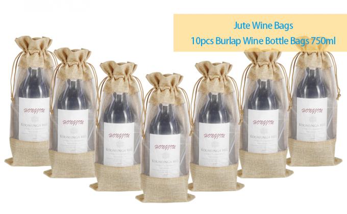 Organza Gift Bags, Jute Red Wine Bags, Burlap Bottle Pack 750ml With Sheer Window Organza Hessian Drawstring Bags 4