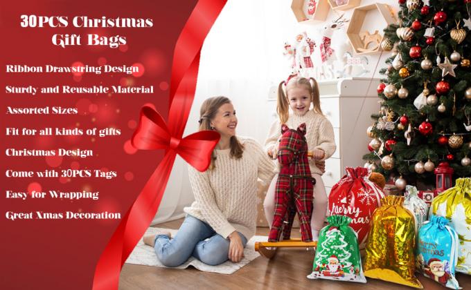 Christmas Drawstring Gift Bags With Tags, Xmas Present Wrapping Sacks Assorted Sizes, Reusable Foil Pouches Bulk 0