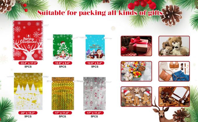 Christmas Drawstring Gift Bags With Tags, Xmas Present Wrapping Sacks Assorted Sizes, Reusable Foil Pouches Bulk 1