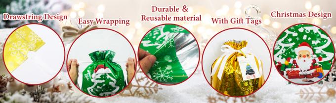 Christmas Drawstring Gift Bags With Tags, Xmas Present Wrapping Sacks Assorted Sizes, Reusable Foil Pouches Bulk 2