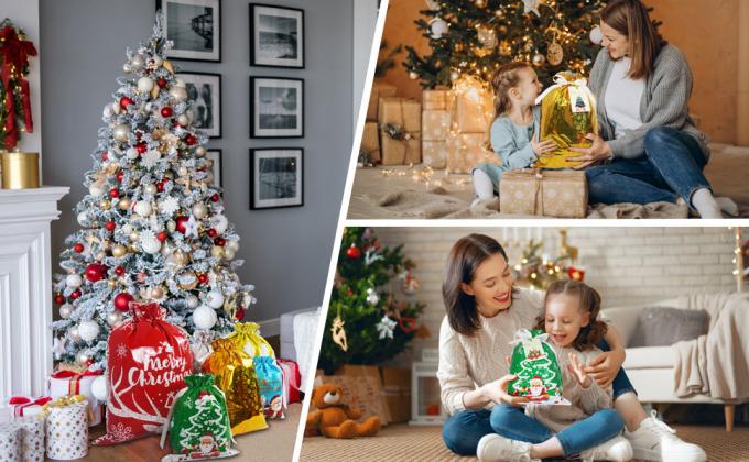 Christmas Drawstring Gift Bags With Tags, Xmas Present Wrapping Sacks Assorted Sizes, Reusable Foil Pouches Bulk 4