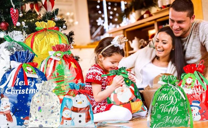 Gift Bags Of Assorted Sizes Small Medium Large Jumbo, Holiday Gift Bags Drawstrings For Xmas Party Favors 3