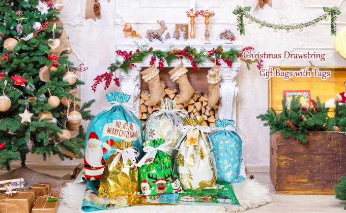 Package Holiday Drawstring Gift Bags With Tags, Christmas Foil Gift Wrapping Sacks Pouches For Xmas Presents Party 0