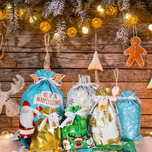 Package Holiday Drawstring Gift Bags With Tags, Christmas Foil Gift Wrapping Sacks Pouches For Xmas Presents Party 7