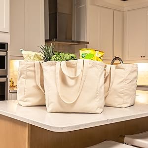Canvas Grocery Bag 3pc XL Set With Real Pockets, Long Shoulder Strap And Short Handle. Heavy Duty, Foldable, Washable 0