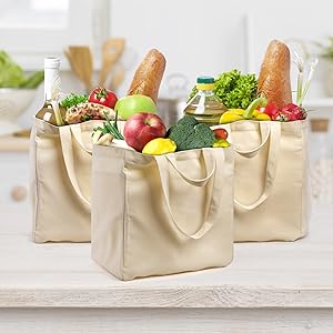 Thick Canvas Grocery Tote Bags With Bottle Sleeves, Large Reusable Shopping Bags With Long Shoulder Strap 3