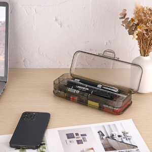 Double Deck Pencils Box Clear Plastic Stationery Box Removable Ruler Dividing Spacers Multi-Grid Home Utility Box 3