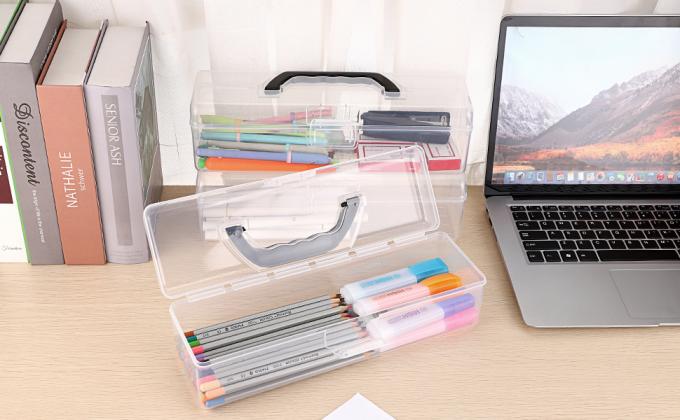 Long Plastic Pencil Box Portable Clear Home Utility Boxes With Handle Stationery Storage Organizer Painting Tool 0