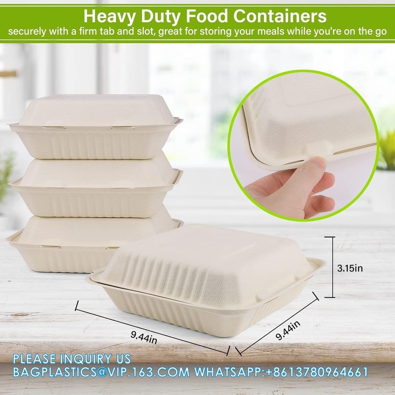100% Compostable Clamshell Take Out Food Containers [8X8" 3-Compartment ...