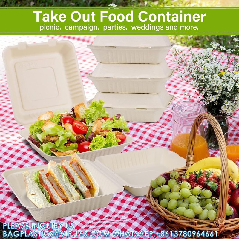 100% Compostable Clamshell Take Out Food Containers [8X8" 3-Compartment ...