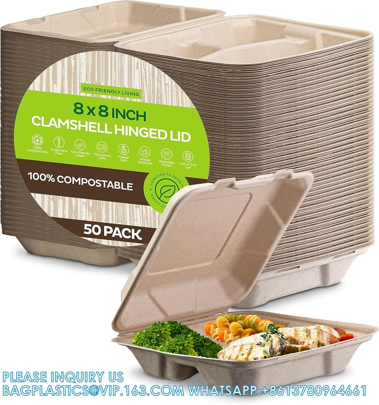 100% Compostable Clamshell Take Out Food Containers [8X8" 3-Compartment ...